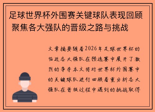 足球世界杯外围赛关键球队表现回顾 聚焦各大强队的晋级之路与挑战