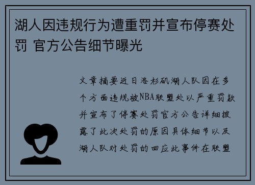 湖人因违规行为遭重罚并宣布停赛处罚 官方公告细节曝光