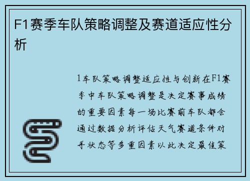 F1赛季车队策略调整及赛道适应性分析