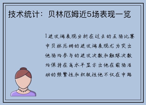 技术统计：贝林厄姆近5场表现一览